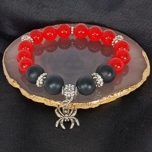 Chunky Red Jade Black Onyx Spider Charm Bracelet New Age Grunge Lower East Side